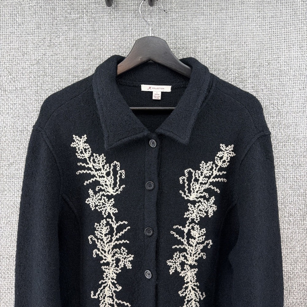 JM Collection Black Women's Large 100%‎ Wool Embroidered Cardigan Sweater
